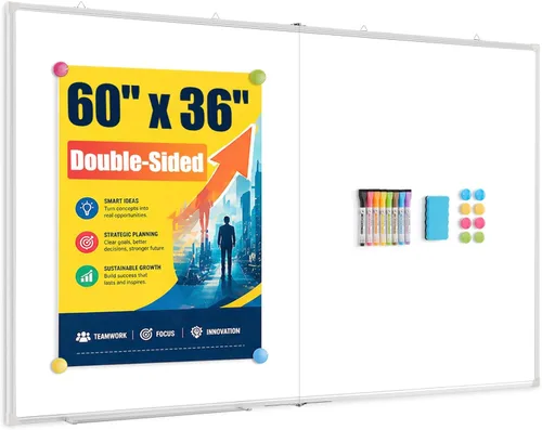Miniatura 14 de Pizarra blanca grande de borrado en seco para pared, 60 x 40 pulgadas, pizarra magnética de doble cara con bandeja larga para bolígrafos, pizarra