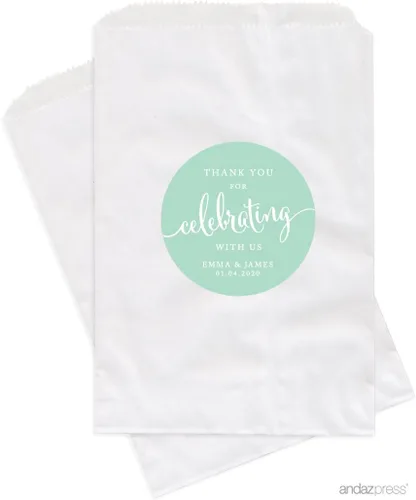 Miniatura 21 de Andaz Press Bolsas de regalo personalizadas para mesa de postre, agradecimiento por celebrar con nosotros, aguamarina, paquete de 24, personalizadas