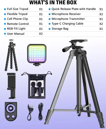Miniatura 7 de Kit de inicio de YouTube para iPhone/Android, kit de inicio de YouTube con micrófono inalámbrico/trípode de cámara/trípode flexible/luz de relleno