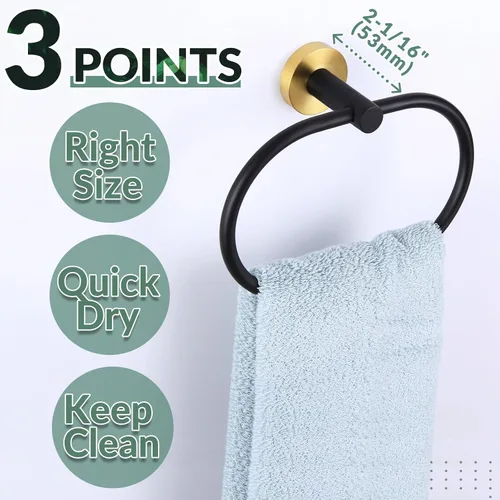 Miniatura 6 de APLusee Anillo de toalla de mano de oro negro, tenedor de toalla de mano de acero inoxidable para baño montado en la pared