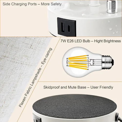Miniatura 4 de LTBLIGHT Lámpara de mesita de noche con puerto USB + salida de CA, lámpara de escritorio regulable de 3 vías, lámpara pequeña de base blanca
