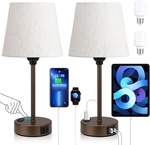 Miniatura 14 de Juego de 2 lámparas de noche blancas para dormitorio, pantalla plisada blanca con puertos de carga USB, lámparas táctiles para mesita de noche