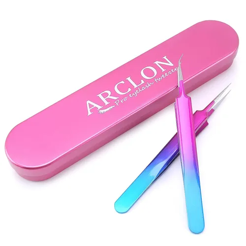 Pinzas de pestañas aislantes para extensiones de pestañas de volumen, acero inoxidable de precisión profesional, color morado 6.89 x 1.5 x 0.79