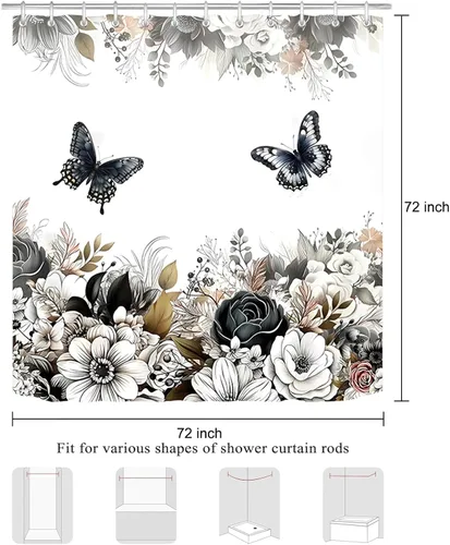 Miniatura 7 de Cortina de ducha floral negra y blanca, cortinas de ducha de flores y mariposas para baño, cortinas de baño de tela impermeable con hojas florales