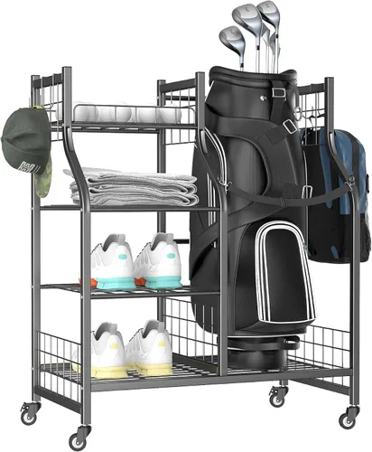 WALMANN Soporte para bolsa de golf de garaje, almacenamiento grande para bolsas de golf con accesorios de golf, estantes de almacenamiento,