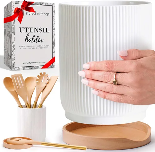 Miniatura 10 de STYLED SETTINGS Soporte para utensilios de cocina negro y dorado con soporte de cuchara integrado, 2 soportes grandes de cerámica para utensilios