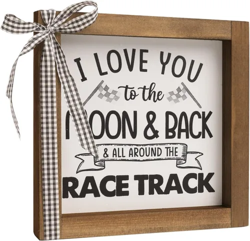 Decoración de pared con temática de automóvil de 6 x 6 pulgadas, con texto en inglés "I Love You To The Moon And Back And All Around The Race blanco