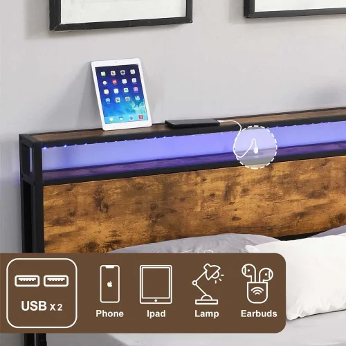 Miniatura 5 de Base de cama de plataforma de metal de tamaño matrimonial con cabecero y estribo de madera con luces USB y LED, no necesita somier, gran
