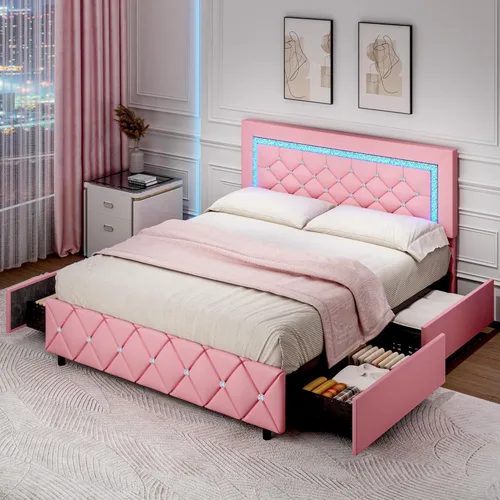 Miniatura 3 de Base de cama tamaño queen con luces LED, plataforma tapizada con cajones de almacenamiento, cama princesa con cabecera y cabecera de diamante,