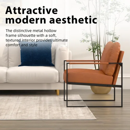 Miniatura 6 de INZOY Silla decorativa de cuero con marco de metal, cómoda silla de sala de estar con respaldo y cojín, silla moderna de mediados de siglo con Marrón