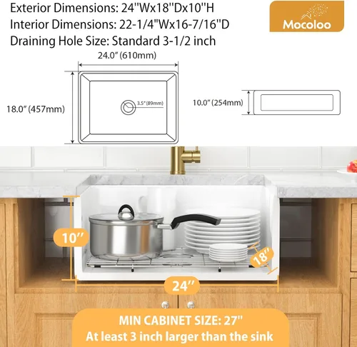 Miniatura 4 de Mocoloo Fregadero de cocina blanco de 24 x 18 pulgadas, fregadero de cocina blanco de montaje inferior reversible, delantal plano frontal, arcilla