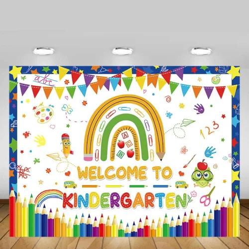 Miniatura 5 de MEHOFOND Cartel de fondo de bienvenida a jardín de infantes de 7 x 5 pies, diseño de arco iris, para regreso a clases, decoración de fiesta