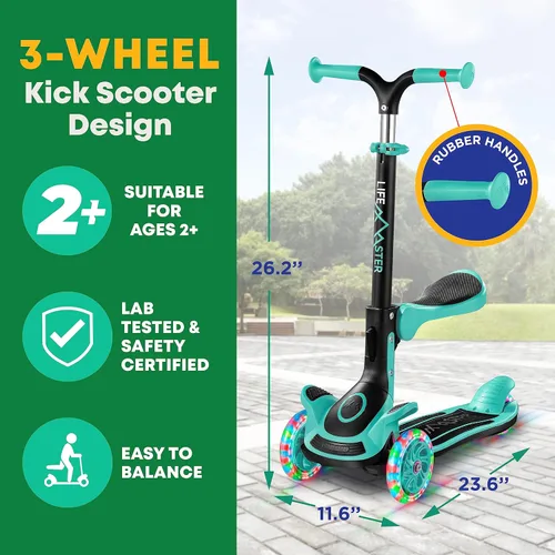 Miniatura 5 de Scooter de 3 ruedas para niños con asiento plegable, altura ajustable del manubrio, juguete de paseo inclinado para conducir para niños a partir