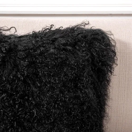 Miniatura 3 de Funda de almohada de piel de cordero mongol tibetano, 100% piel de oveja real, rollo de lana de cordero, cuadrada, decorada para sala de estar, Negro