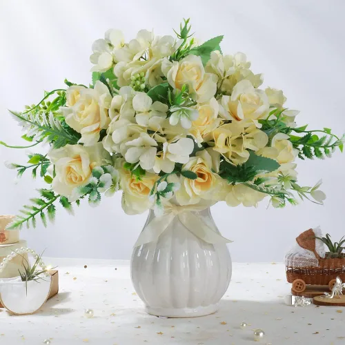 Miniatura 2 de LESING Ramos de flores artificiales de hortensias de seda con jarrón, flores falsas rústicas para decoración del hogar, centro de mesa (champán)