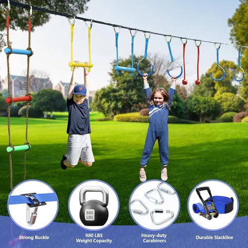 Miniatura 2 de Ninja Warrior - Carrera de obstáculos para niños, kit de línea floja de 2 x 56 pies con 10 accesorios ninja, barra de mono, escalera de cuerda