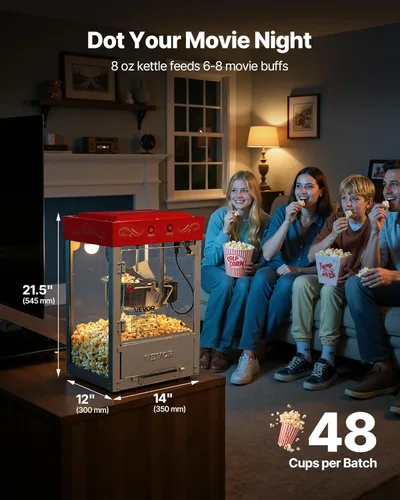 Miniatura 2 de Máquina de palomitas VEVOR, hervidor de acero inoxidable de 8 oz, máquina de hacer palomitas comercial de 800W para mostrador, estilo teatro con Rojo