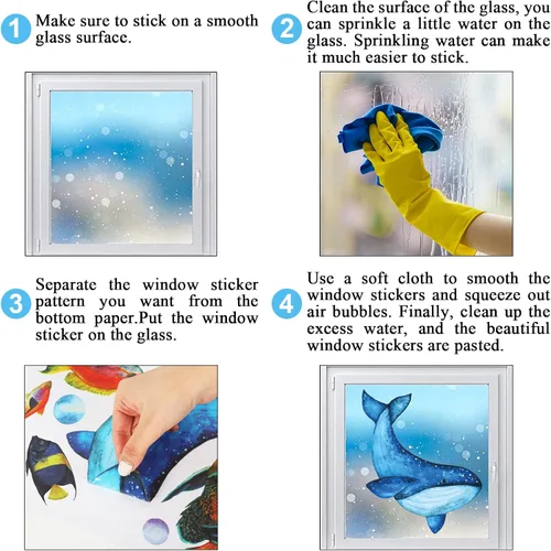 Miniatura 7 de AnyDesign 9 hojas de calcomanías de ventana de verano, reutilizables, acuarela, animales marinos, calcomanías de vidrio para el hogar, fiesta, bajo