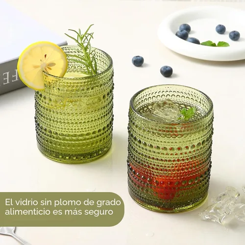 Miniatura 4 de ZMOWIPDL Juego de vasos de vidrio vintage de 6, vasos de 12 oz con asa de vidrio, jarra de agua verde en relieve, para cerveza, cóctel, whisky, jugo