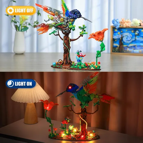 Miniatura 5 de JMBricklayer Conjunto de Construcción Mecánico de Colibrí con Luz LED, Conjuntos de Modelos de Aves para Adultos, Juguete de Colección de Animales