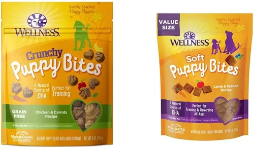 Wellness Paquete de bocadillos crujientes y suaves para cachorros, paquete variado de golosinas naturales sin granos, 6 onzas de pollo y zanahorias