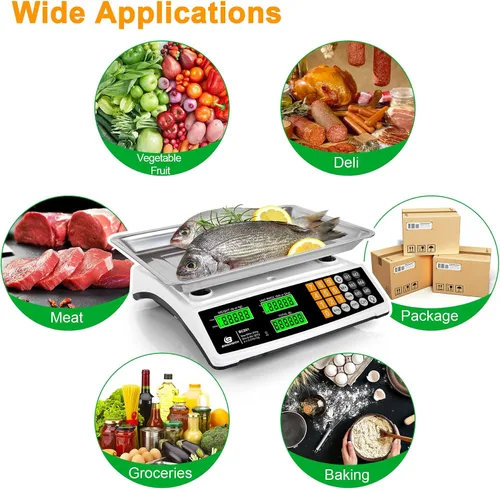 Miniatura 7 de Báscula de cálculo de precios 88lb/40kg Báscula comercial de alimentos para productos agrícolas y carne con plataforma grande de acero inoxidable