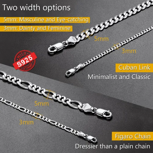 Miniatura 7 de PROSTEEL 925 Sterling Silver Cuban Link Chain Necklace, Dainty Figaro Chains, Solid & Shiny, 3mm5mm, 14-28 inch, Come Gift Box