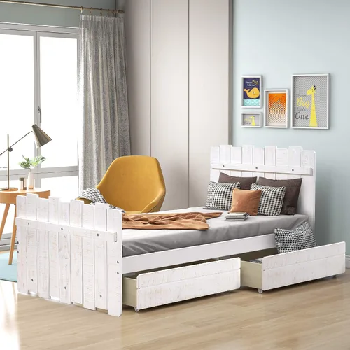 Miniatura 19 de Bellemave Cama infantil de tamaño individual con 2 cajones de almacenamiento, cama individual de madera con almacenamiento, marcos de cama