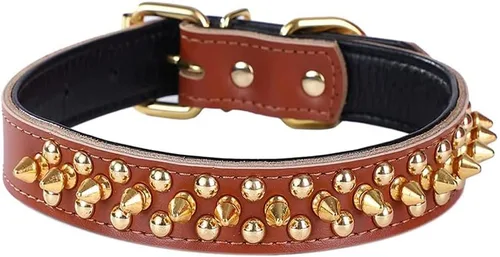 Miniatura 8 de Serijoars Collares ajustables de cuero genuino con tachuelas para mascotas pequeñas, medianas y grandes, Pit Bull, Bulldog, Pugs, Husky (M, morado)