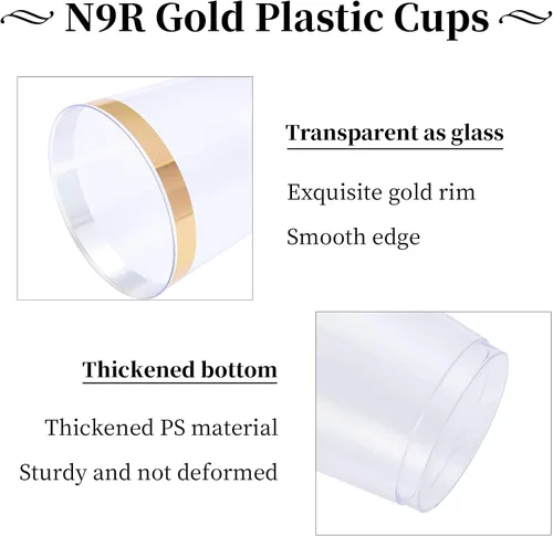 Miniatura 3 de N9R 72 vasos de plástico dorados, vasos de plástico transparente de 12 onzas con borde dorado, vasos desechables perfectos para fiestas, bodas