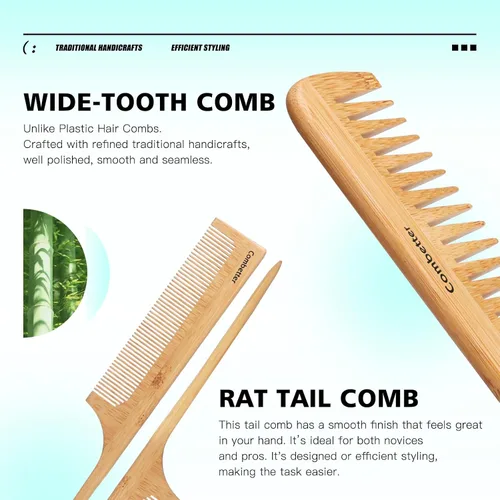 Miniatura 5 de Combeter Juego de cepillo y peine de bambú (4 piezas) – Peine desenredante natural y ecológico para mujeres, hombres y niños, reduce
