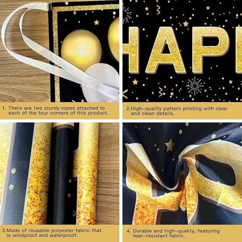 Miniatura 6 de Decoraciones de cumpleaños número 16 para niños y niñas, pancarta de decoración de feliz cumpleaños de 16 años en negro y dorado, suministros