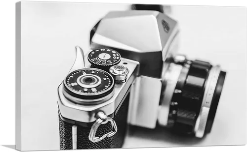 ARTCANVAS Lienzo decorativo clásico retro vintage para cámara fotográfica de primer plano, lienzo blanco y negro, pintura enmarcada estirada, póster