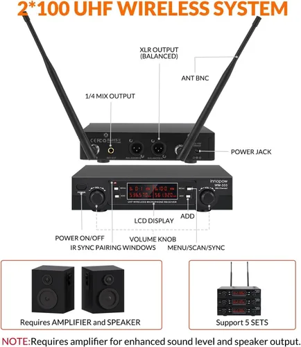 Miniatura 2 de innopow Sistema de micrófonos inalámbricos de 200 canales, micrófono de solapa inalámbrico, sistema de micrófono de solapa inalámbrico UHF dual