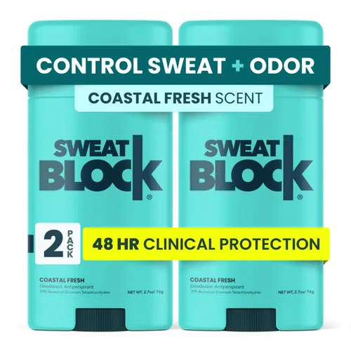 SweatBlock Desodorante y antitranspirante de fuerza clínica para hombres y mujeres, aroma fresco costero, paquete de 2 unidades, protección de 48