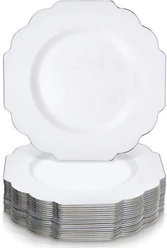 SILVER SPOONS Platos desechables de diseño elegante para fiesta (10 piezas) Juego de cena desechable resistente de 10.75 pulgadas, platos de Blanco