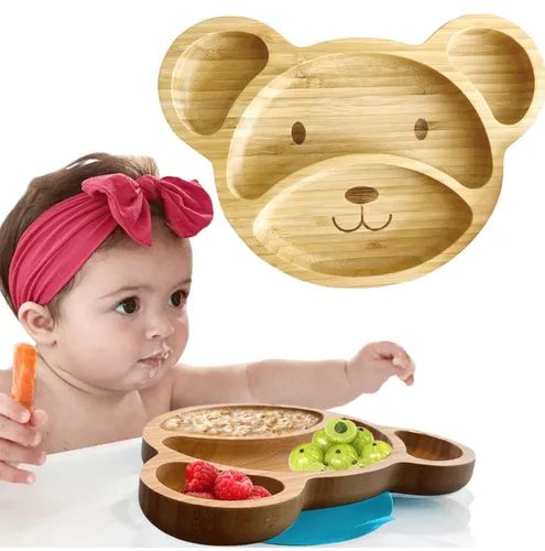 Platos de bambú para niños - Platos para bebés y niños pequeños con succión para alimentación y destete, diseño de oso ecológico que promueve la