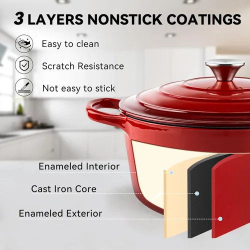 Miniatura 5 de Miereirl Olla holandesa esmaltada de 6 cuartos de galón con tapa, horno holandés de hierro fundido con doble asa para hornear pan, cocinar, Rojo