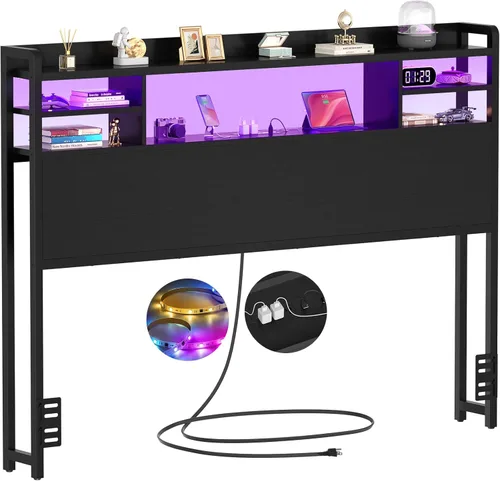Miniatura 17 de Aheaplus Cabecero para cama de tamaño individual con almacenamiento, cabeceros con luz LED, tomas de corriente, puertos USB, tamaño individual