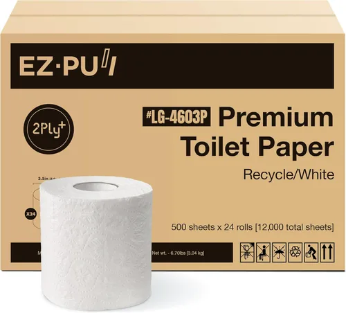 EZbrnd - Papel higiénico reciclado de 2 capas con núcleo estándar en relieve, papel higiénico para baño, seguro séptico, sin perfume, 500 hojas x 24