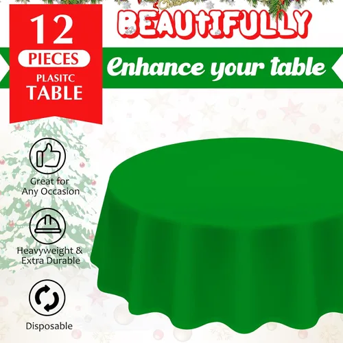 Miniatura 4 de Amylove 12 manteles de plástico navideños de 84 pulgadas, redondos, desechables, de plástico, impermeables, decorativos, para fiestas, decoración