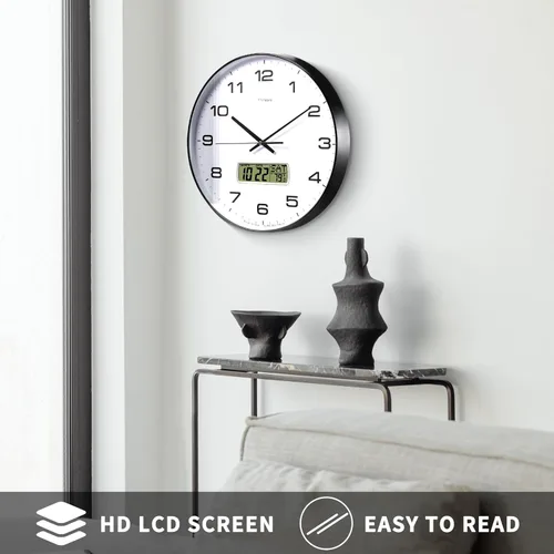 Miniatura 5 de TIMESS Reloj de pared, esfera de 12 pulgadas, sin tic-tac, silencioso, funciona con pilas, analógico con pantalla LCD para calendario perpetuo
