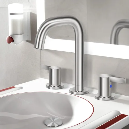 Miniatura 9 de SOKA Grifo de baño generalizado de 8 a 16 pulgadas, 2 asas, níquel cepillado, grifos táctiles para fregadero comercial, 3 piezas, lavabo de tocador