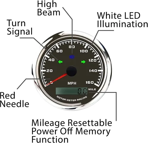 Miniatura 3 de MOTOR METER RACING W Pro 3.346 in 3-3/8" GPS Velocímetro con señal de giro de haz alto 160 MPH Negro Dial blanco LED Digital Odómetro impermeable