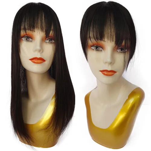 Miniatura 5 de 150 % de densidad, base de seda, cabello humano virgen, 4.7 x 5.1 in, clip en el cabello, tupé europeo de la misma longitud con flequillo de 5 x 5