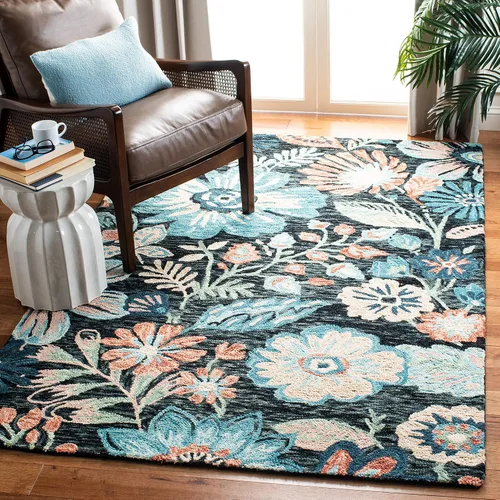 Miniatura 8 de SAFAVIEH Jardin Collection - Alfombra de pasillo, 2 pies 3 pulgadas x 8 pies, carbón y azul, hecho a mano, lana floral y algodón, ideal para zonas