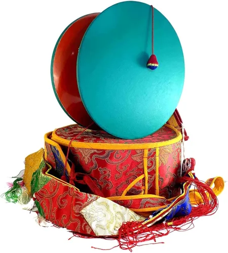 Chod Damaru tibetano redondo, grande, cuero de madera, con cubierta de tambor de brocado Damaru, cola de brocado de Damaru, diseño auténtico nepalí,