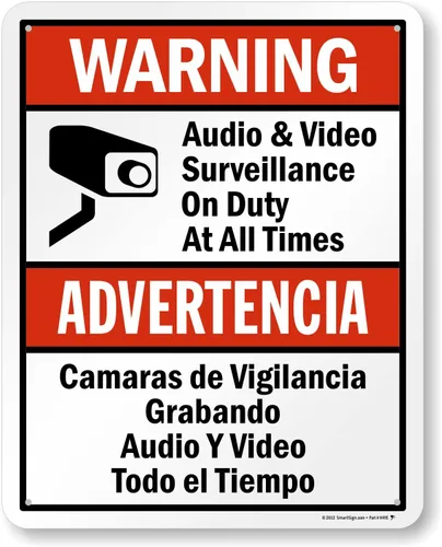 Miniatura 20 de SmartSign-S-9392-AL-14 Advertencia - Vigilancia de Audio y Video En Servicio en Todo Momento Letrero Bilingüe 10" x 14" de Aluminio - Negro/Rojo