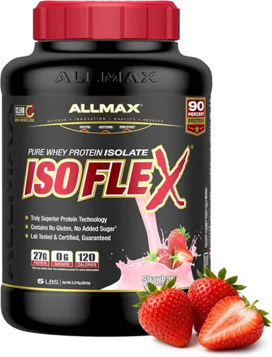 ALLMAX Nutrition - Polvo de proteína ISOFLEX de suero, aislado de proteína de suero, 27g de proteína, fresa, 5 libras