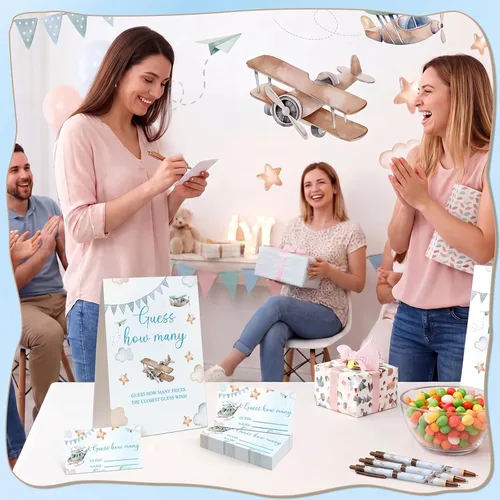 Miniatura 4 de Airplane Adventure Guess How Many Baby Shower Game Paquete de 1 letrero de mesa con soporte y 50 tarjetas de cuántas tarjetas, decoración